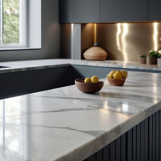 Elegant veined marble countertop slab.